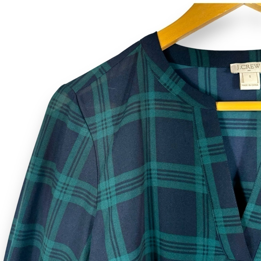 J Crew Factory V Neck Bell Sleeve Holiday Blouse, Black Watch Plaid, Size Small - Picture 5 of 10